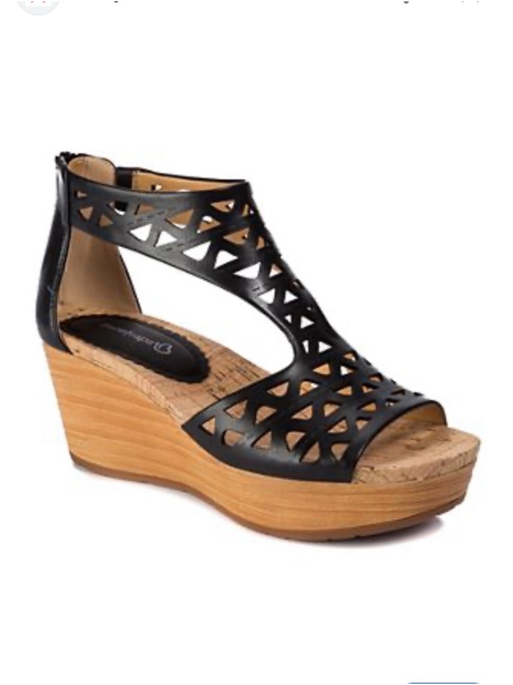 Baretraps Miriam Black Laser Cut Wedge Sandals Platform T-Strap Size 8M